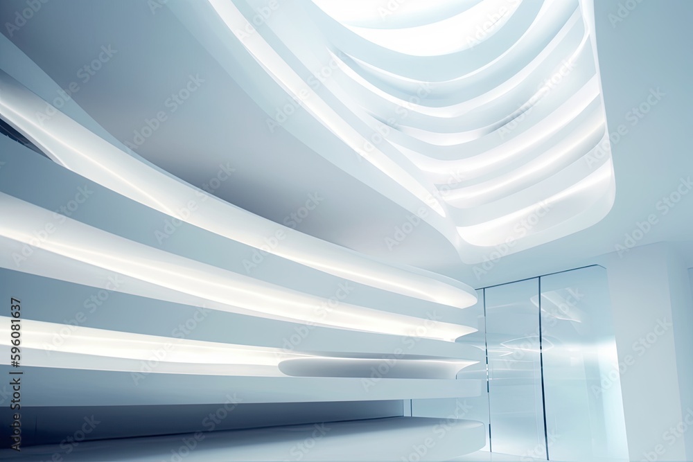 Poster white room with a curved ceiling and a mirror. generative ai