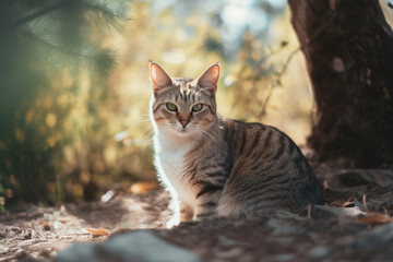 Domestic cat in nature. Created using Generative AI technology.