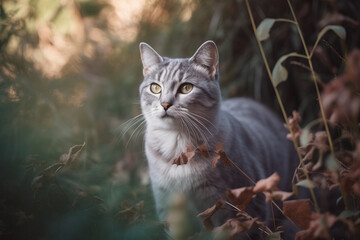 Domestic cat in nature. Created using Generative AI technology.