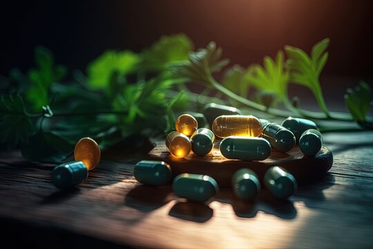 Health Supplements with Green Herbs and Blue Healing Rays - Still Life Photography - Generative AI