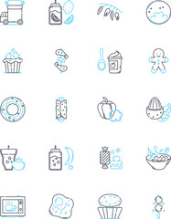 Balanced nutrition linear icons set. Protein, Carbohydrates, Fats, Fiber, Vitamins, Minerals, Nutrients line vector and concept signs. Superfoods,Diet,Balanced outline illustrations