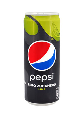 ROME, ITALY - APRIL 24, 2023. Pepsi Zero Lime can isolated on white background. Pepsi is a carbonated soft drink manufactured by PepsiCo.