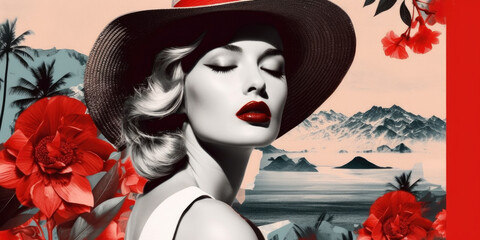 Beautiful woman with red lips wearing big hat. Fashion digital collage with flowers. Generative AI