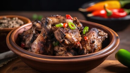 Fototapeta premium A bowl of spicy Jamaican jack chicken. Generative AI