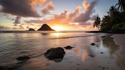 A captivating image of a tranquil Samoan sunset beach on independence day. A mountain on the horizon. Generative AI