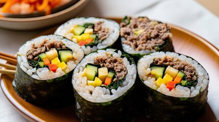 A close-up A dish of kimbap a Korean rice roll filled with vegetables served ona tradtional bowl.  Generative AI