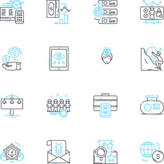 Investment field linear icons set. Stocks, Bonds, Real Estate, Commodities, Mutual Funds, ETFs, Retirement line vector and concept signs. Diversification,Risk,Inflation outline illustrations