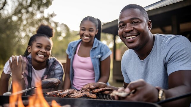 A family having a barbecue outdoors on Father's day. Generative AI