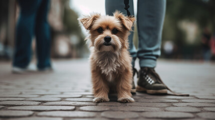 Dog closeup in urban setting. Pet and human on a footpath in the city. Generative AI