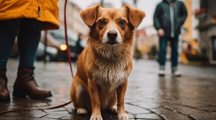 City living with dogs. Closeup of a pet on an urban sidewalk. Generative AI