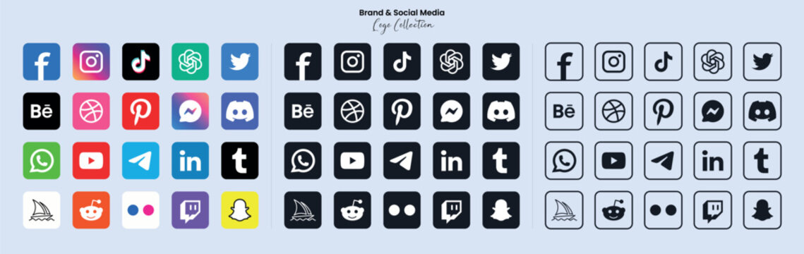 Popular social network symbols, social media logo icons collection, instagram, facebook, twitter, youtube, chatgpt, midjourney, disccord and etc. social media icons