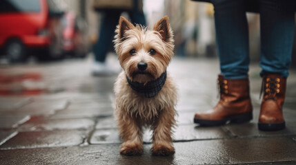 Close-up of a dog on a city sidewalk. Urban pets lifestyle. Generative AI