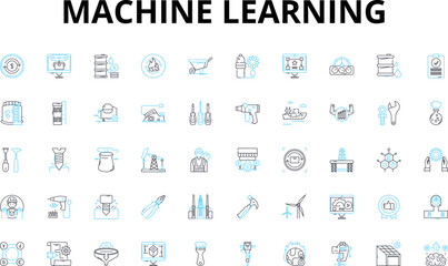 Machine learning linear icons set. Algorithms, Neural nerks, Prediction, Deep learning, Artificial intelligence, Data mining, Computer vision vector symbols and line concept signs. Pattern recognition