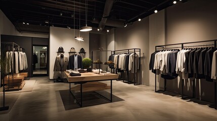 An interior shot of a boutique clothing store featuring custom-made suits.Luxury.  Generative AI - obrazy, fototapety, plakaty