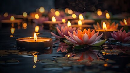 A peaceful Wesak Day scene with glowing candles and delicate flowers. Generative AI