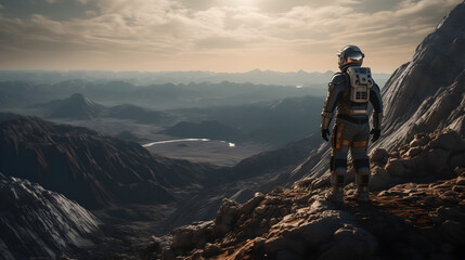 Astronaut stands on top of mountain on alien planet. Generative AI.