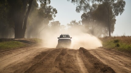 A picture of a car driving down a dirt road. Generative AI