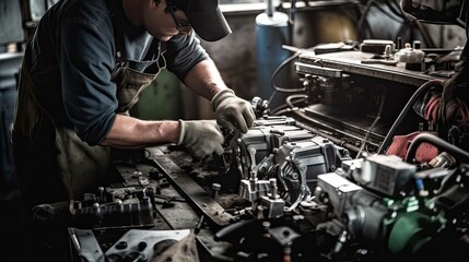 Fototapeta na wymiar A close up mechanic working on an engine at a car garage warehouse. Generative AI