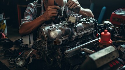 Fototapeta na wymiar A mechanic working on an engine. Generative AI