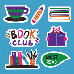 Set of vector stickers with book club elements. Vector flat illustration with cute design elements and handwritten lettering.