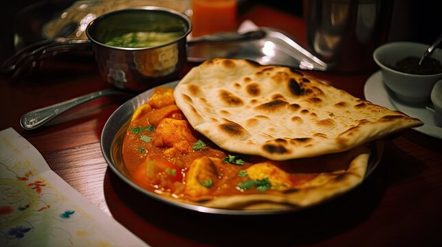 A delicios plate of naan bread and curry a traditional indian meal. Generative AI