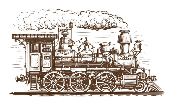 Retro train in style of vintage engraving. Hand drawn steam locomotive. Railway transport sketch vector illustration