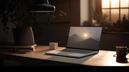 Fototapeta premium living room with a laptop on top of the workspace table, lamb light, plant decor, and sunset sun rays from the window. Generative AI