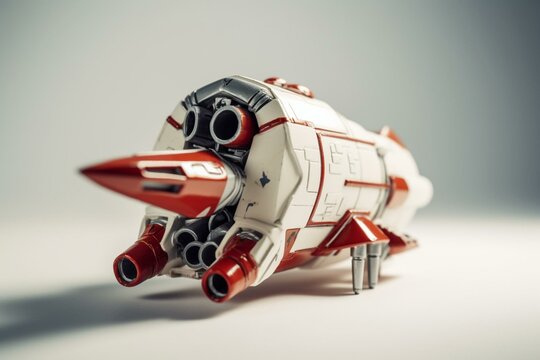 Red and white rocket toy on white background. Generative AI