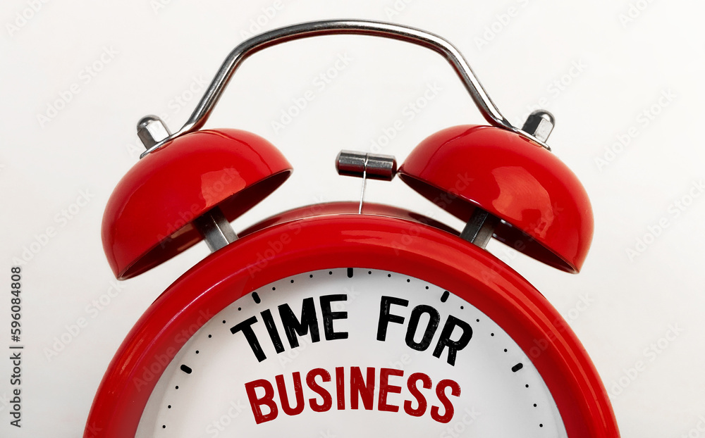 Poster red alarm clock with text time for business