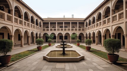 Fototapeta na wymiar A symmetrical building with a central courtyard and fountain. Generative AI