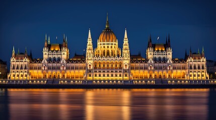 Fototapeta na wymiar Budapest Hungarian parliament at night, excellent blue sky, Generative AI