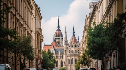 Obraz premium A view of the Hungarian Parliament city. Generative AI