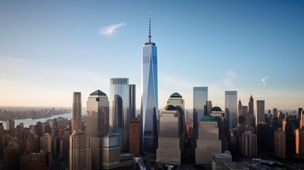 City skyline with the futuristic Empire State Building in the foreground, blue skies, Generative AI