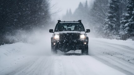 The car drives on a snow-covered road, Winter season  generative ai