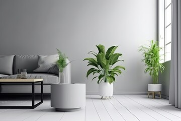 cozy living room with greenery and comfortable seating. Generative AI