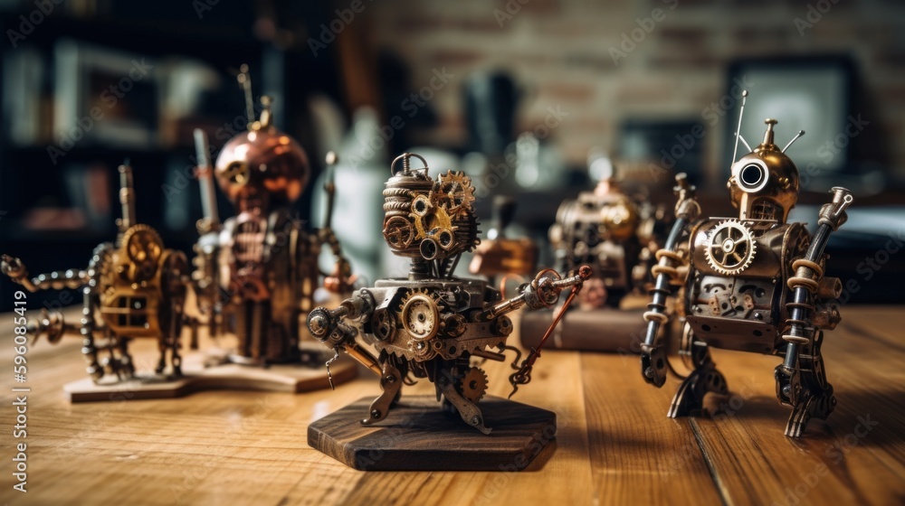 Poster a group of toy robots made of small mechanic parts on top of a wooden table. ai generative image.