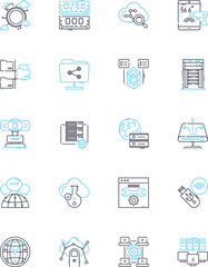Digital innovation linear icons set. Disruption, Creativity, Transformation, Automation, Progress, Efficiency, Connectivity line vector and concept signs. Revolution,Integration,Flexibility outline