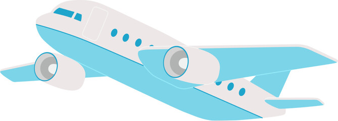 Plane takes off into the sky. Gray-blue flying airplane in a simple style. Travel concept. Vector flat illustration isolated on white background.