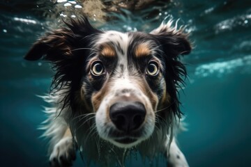 Fototapeta premium A dog swimming underwater with a blue background and the word dog on the bottom Generative AI