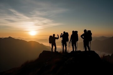 A group of hikers stand on a mountain top watching the sunset Generative AI
