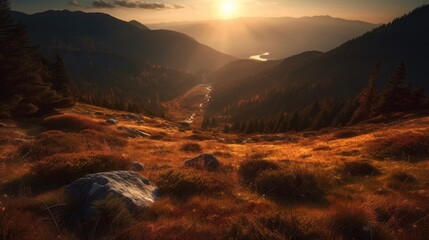 Obraz premium A sunset in the mountains with the sun setting behind it Generative AI