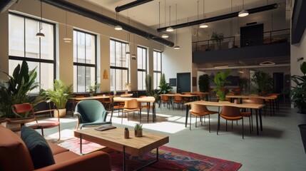 Fototapeta na wymiar An interior shot of a trendy coworking space featuring modern furniture. Generative AI