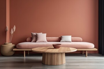 modern living room with a pink couch and a minimalist coffee table. Generative AI