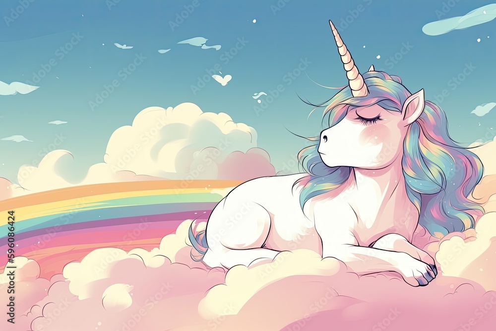 Poster unicorn resting on a fluffy cloud with a vibrant rainbow in the distance. generative ai