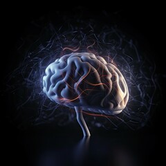 Concept of an Active Human Brain on a Dark Background. Generative AI