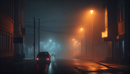 Fototapeta na wymiar Town in the evening in the fog. Generative AI