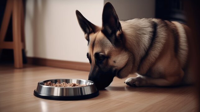 Close-up image of a german shepherd with a bowl of food, on a wooden floor. Generative AI