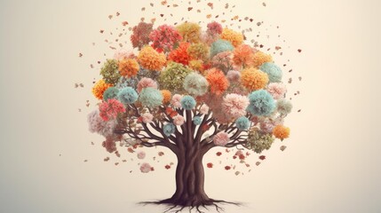 A silhouetted tree with colorful flowers on a light pink background, self-care, and mental health day concept. Generative AI