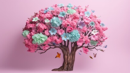 A tree with pink flowers and butterflies on light pink background. Generative AI