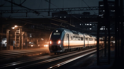 Fototapeta premium The train travels at night. Generative AI
